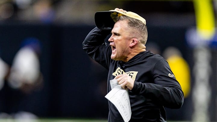 Nov 17, 2024; New Orleans, Louisiana, USA;  New Orleans Saints interim head coach Darren Rizzi reacts to a play against the Cleveland Browns during the first half at Caesars Superdome. Mandatory Credit: Stephen Lew-Imagn Images