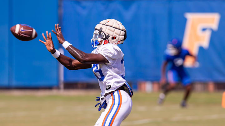 Florida Gators wide receiver DeBraun Hampton (35) hauls in a pass while running pass routes during Fall practice at Sanders Practice Fields in Gainesville, FL on Thursday, August 8, 2024. [Doug Engle/Gainesville Sun]