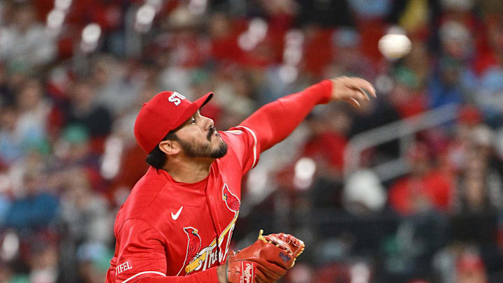 Apr 10, 2026; St. Louis, Missouri, USA; St. Louis Cardinals pitcher Jojo Romero (59) pitches in relief in the eighth inning against the Boston Red Sox at Busch Stadium. Mandatory Credit: Tim Vizer-Imagn Images