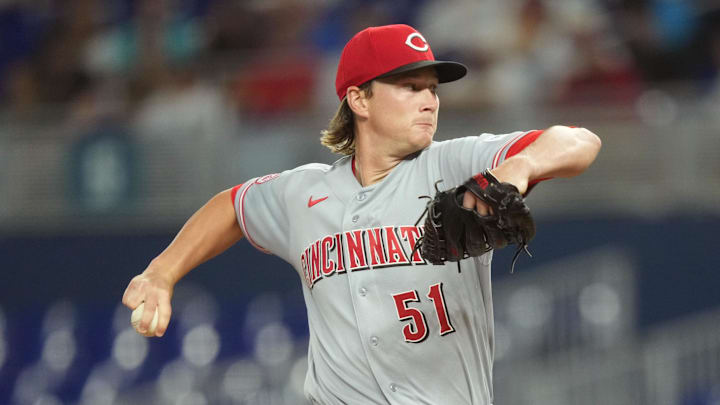 Apr 8, 2026; Miami, Florida, USA; Cincinnati Reds starting pitcher Brady Singer (51) pitches in the first inning against the Miami Marlins at loanDepot Park. Mandatory Credit: Jim Rassol-Imagn Images