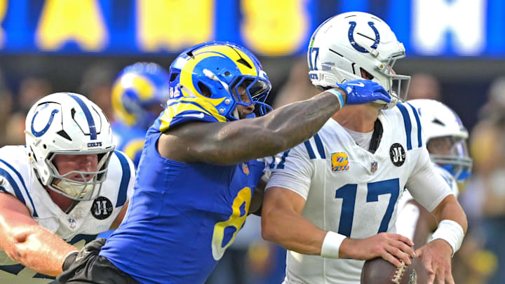 Sep 28, 2025; Inglewood, California, USA; Los Angeles Rams linebacker Jared Verse (8) forces a fumble by Indianapolis Colts quarterback Daniel Jones (17) in the fourth quarter at SoFi Stadium. Mandatory Credit: Jayne Kamin-Oncea-Imagn Images Sep 28, 2025; Inglewood, California, USA; Los Angeles Rams linebacker Jared Verse (8) forces a fumble by Indianapolis Colts quarterback Daniel Jones (17) in the fourth quarter at SoFi Stadium. Mandatory Credit: Jayne Kamin-Oncea-Imagn Images