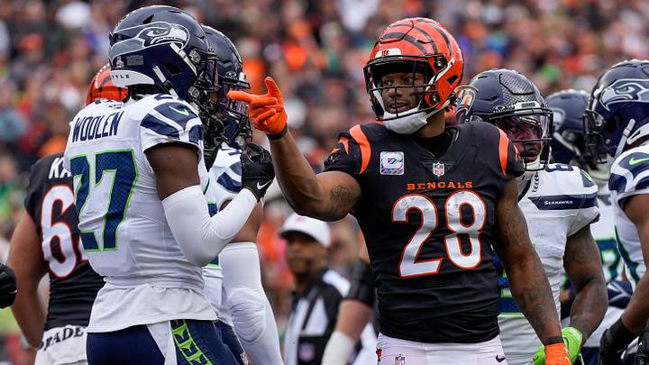 Cincinnati Bengals running back Joe Mixon (28) celebrates a first down run in the second quarter of the NFL Week 6 game between the Cincinnati Bengals and the Seattle Seahawks at Paycor Stadium in downtown Cincinnati on Sunday, Oct. 15, 2023.