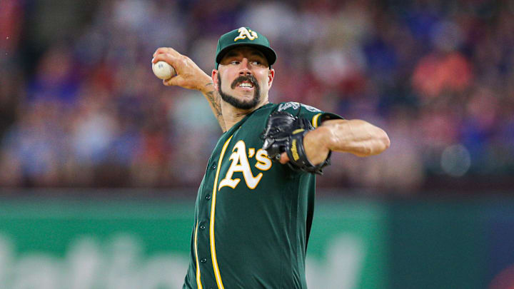 Sep 14, 2019; Arlington, TX, USA; Oakland Athletics starting pitcher Mike Fiers (50)