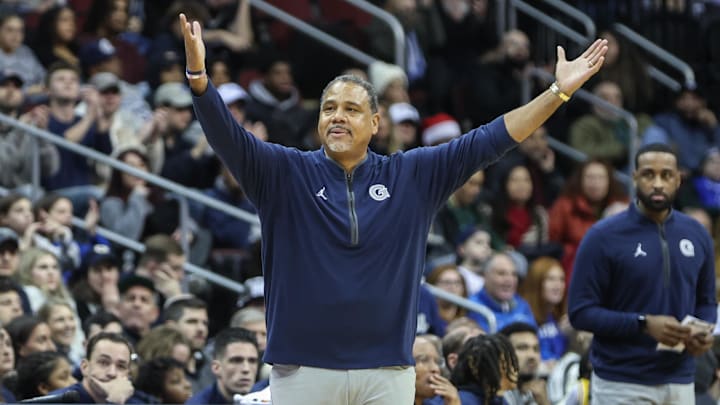 Dec 22, 2024; Newark, New Jersey, USA;  Georgetown Hoyas head coach Ed Cooley at Prudential Center. Mandatory Credit: Wendell Cruz-Imagn Images