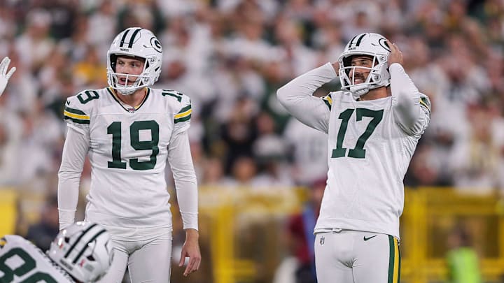 Green Bay Packers place kicker Brandon McManus (17) reacts after missing a field goal against the Washington Commanders on Thursday, September 11, 2025, at Lambeau Field in Green Bay, Wis. The Packers won the game, 27-18.
Tork Mason/USA TODAY NETWORK-Wisconsin