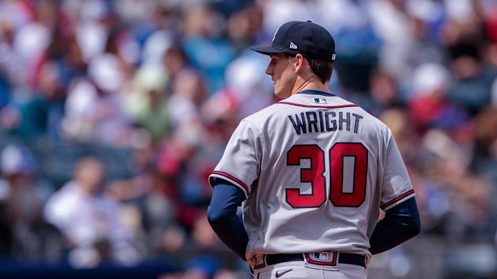 Apr 16, 2023; Kansas City, Missouri, USA; Atlanta Braves starting pitcher Kyle Wright (30) on the mound during the sixth inning against the Kansas City Royals at Kauffman Stadium. Mandatory Credit: William Purnell-Imagn Images Apr 16, 2023; Kansas City, Missouri, USA; Atlanta Braves starting pitcher Kyle Wright (30) on the mound during the sixth inning against the Kansas City Royals at Kauffman Stadium. Mandatory Credit: William Purnell-Imagn Images