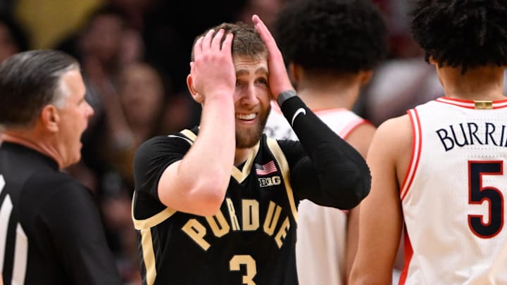 Mar 28, 2026; San Jose, CA, USA; Purdue Boilermakers guard Braden Smith (3) reacts in the second half against the Arizona Wildcats during an Elite Eight game of the West Regional of the men's 2026 NCAA Tournament at SAP Center. Mandatory Credit: Eakin Howard-Imagn Images Mar 28, 2026; San Jose, CA, USA; Purdue Boilermakers guard Braden Smith (3) reacts in the second half against the Arizona Wildcats during an Elite Eight game of the West Regional of the men's 2026 NCAA Tournament at SAP Center. Mandatory Credit: Eakin Howard-Imagn Images