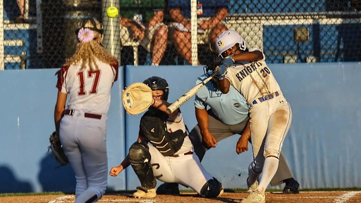 Sussex Central Takyla Davis (20) in action during a DIAA STATE TOURNAMENT CHAMPIONSHIP GAME between #2 Sussex Central and #1 Caravel Academy Friday, May. 31, 2024; at UD Softball Stadium on the campus at The University Of Delaware in Newark, DE.