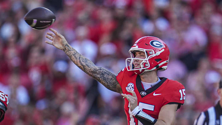Oct 12, 2024; Athens, Georgia, USA; Georgia Bulldogs quarterback Carson Beck (15) passes against the Mississippi State Bulldogs at Sanford Stadium. Mandatory Credit: Dale Zanine-Imagn Images