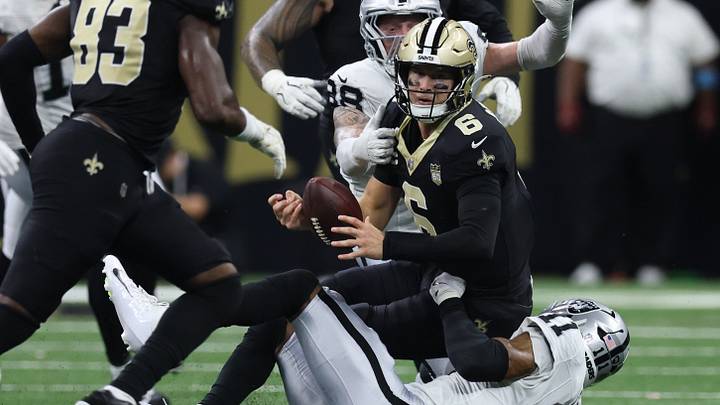 Sep 27, 2026; New Orleans, Louisiana, USA; New Orleans Saints quarterback Tyler Shough (6) is sacked by Las Vegas Raiders safety Jeremy Chinn (11) in the second half at Caesars Superdome. Mandatory Credit: Stephen Lew-Imagn Images Sep 27, 2026; New Orleans, Louisiana, USA; New Orleans Saints quarterback Tyler Shough (6) is sacked by Las Vegas Raiders safety Jeremy Chinn (11) in the second half at Caesars Superdome. Mandatory Credit: Stephen Lew-Imagn Images