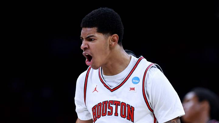 Houston's Chris Cenac Jr. (5) cheers during a second-round game in the NCAA men's basketball tournament between Houston Cougars and Texas A&M Aggies at Paycom Center in Oklahoma City, Saturday March 21, 2026.