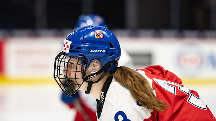 Czechia's Adela Sapovalivova stays focused at the Adirondack Bank Center in Utica, NY on Friday, April 5, 2024.