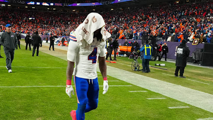 Jan 17, 2026; Denver, CO, USA; Buffalo Bills running back James Cook III (4) reacts after losing an AFC Divisional Round playoff game against the Denver Broncos