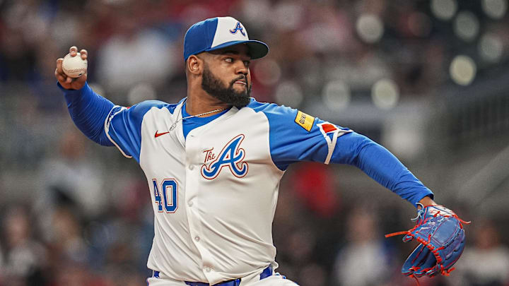 Atlanta Braves pitcher Reynaldo Lopez (40) pitches against the Kansas City Royals during the first inning at Truist Park on Sept 28. Atlanta Braves pitcher Reynaldo Lopez (40) pitches against the Kansas City Royals during the first inning at Truist Park on Sept 28.