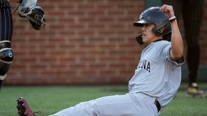 South Carolina center fielder Tyler Bak (17) scores against Vanderbilt an on RBI-single hit by Ethan Lizama during the second inning at Hawkins Field in Nashville, Tenn., Thursday, May 14, 2026. South Carolina center fielder Tyler Bak (17) scores against Vanderbilt an on RBI-single hit by Ethan Lizama during the second inning at Hawkins Field in Nashville, Tenn., Thursday, May 14, 2026.