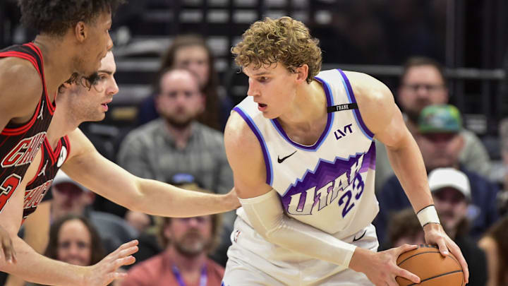 Nov 16, 2025; Salt Lake City, Utah, USA; Utah Jazz forward/center Lauri Markkanen (23) prepares his shot against Chicago Bulls guard Josh Giddey (3) during double overtime at Delta Center. Mandatory Credit: Peter Creveling-Imagn Images Nov 16, 2025; Salt Lake City, Utah, USA; Utah Jazz forward/center Lauri Markkanen (23) prepares his shot against Chicago Bulls guard Josh Giddey (3) during double overtime at Delta Center. Mandatory Credit: Peter Creveling-Imagn Images