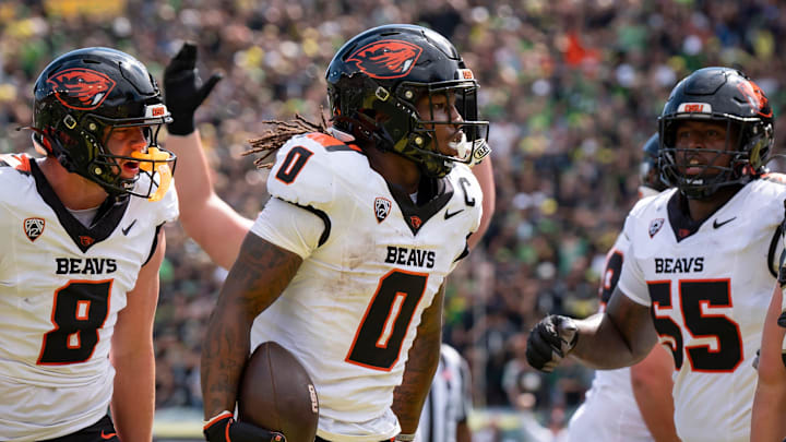 Oregon State Beavers running back Anthony Hankerson celebrates a touchdown as the Oregon Ducks host the Oregon State Beavers Sept. 20, 2025, at Autzen Stadium in Eugene, Oregon. Oregon State Beavers running back Anthony Hankerson celebrates a touchdown as the Oregon Ducks host the Oregon State Beavers Sept. 20, 2025, at Autzen Stadium in Eugene, Oregon.
