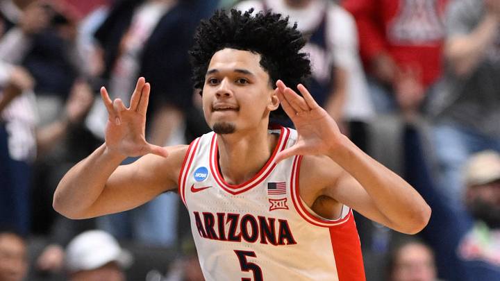 Arizona Wildcats guard Brayden Burries (5) celebrates after a play against the Arkansas Razorbacks in the second half during a Sweet Sixteen game of the West Regional of the men's 2026 NCAA Tournament at SAP Center on March 26, 2026.