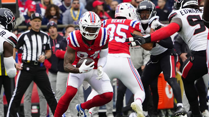 Oct 13, 2024; Foxborough, Massachusetts, USA; New England Patriots wide receiver Kendrick Bourne (84) makes a catch against the Houston Texans during the second half at Gillette Stadium. Mandatory Credit: Gregory Fisher-Imagn Images