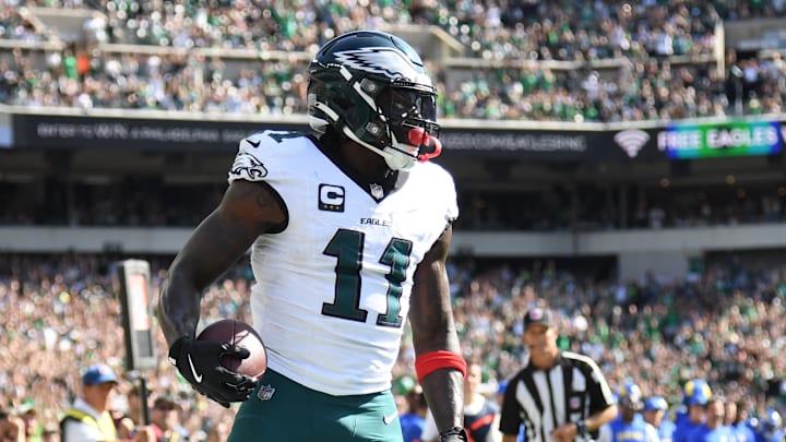 Sep 21, 2025; Philadelphia, Pennsylvania, USA; Philadelphia Eagles wide receiver AJ. Brown (11) reacts after a touchdown against the Los Angeles Rams during the second half at Lincoln Financial Field. Mandatory Credit: Eric Hartline-Imagn Images Sep 21, 2025; Philadelphia, Pennsylvania, USA; Philadelphia Eagles wide receiver AJ. Brown (11) reacts after a touchdown against the Los Angeles Rams during the second half at Lincoln Financial Field. Mandatory Credit: Eric Hartline-Imagn Images