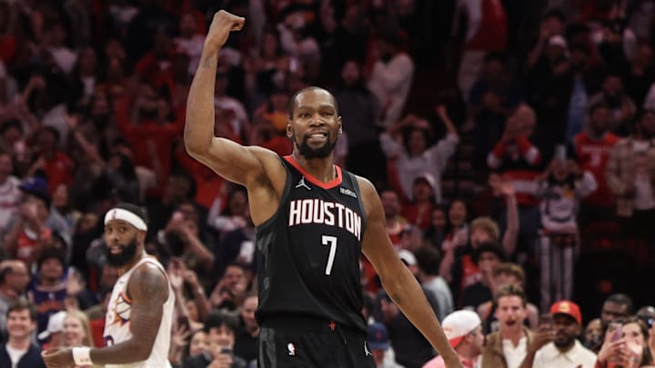 Jan 5, 2026; Houston, Texas, USA;  Houston Rockets  Kevin Durant (7) celebrates his three point winning basket against the Phoenix Suns in the fourth quarter at Toyota Center. Mandatory Credit: Thomas Shea-Imagn Images