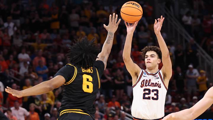 Mar 28, 2026; Houston, TX, USA; Illinois Fighting Illini guard Keaton Wagler (23) shoots against Iowa Hawkeyes guard Tavion Banks (6) in the first half during an Elite Eight game of the South Regional of the men's 2026 NCAA Tournament at Toyota Center. Mandatory Credit: Troy Taormina-Imagn Images Mar 28, 2026; Houston, TX, USA; Illinois Fighting Illini guard Keaton Wagler (23) shoots against Iowa Hawkeyes guard Tavion Banks (6) in the first half during an Elite Eight game of the South Regional of the men's 2026 NCAA Tournament at Toyota Center. Mandatory Credit: Troy Taormina-Imagn Images