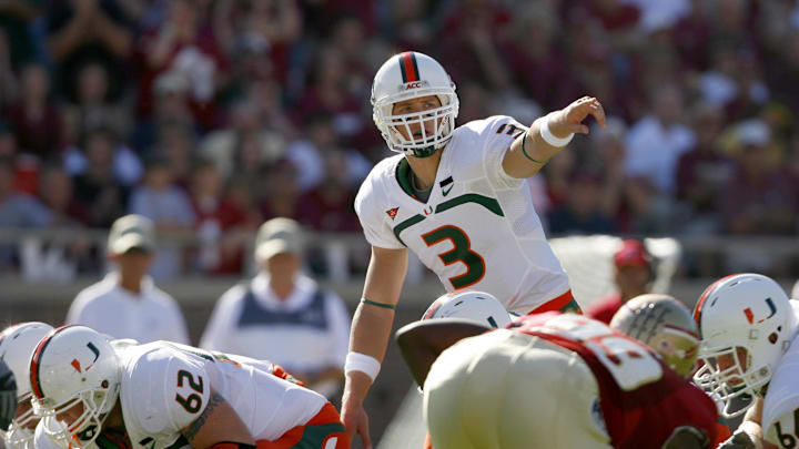 Oct 20, 2007; Tallahassee, FL, USA; Miami Hurricanes quarterback Kyle Wright (3) calls an audible during the first quarter against the Florida State Seminoles at Doak Campbell Stadium in Tallahassee, Florida. Miami won the game 37-29. Mandatory Credit: Jason Parkhurst-USA TODAY Sports Copyright © Jason Parkhurst
