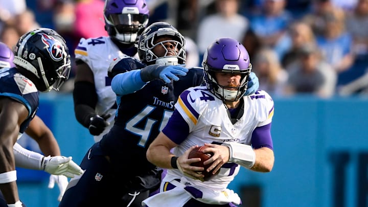 Tennessee Titans linebacker Arden Key sacks Minnesota Vikings quarterback Sam Darnold. Mandatory Credit: Steve Roberts-Imagn Images Tennessee Titans linebacker Arden Key sacks Minnesota Vikings quarterback Sam Darnold. Mandatory Credit: Steve Roberts-Imagn Images