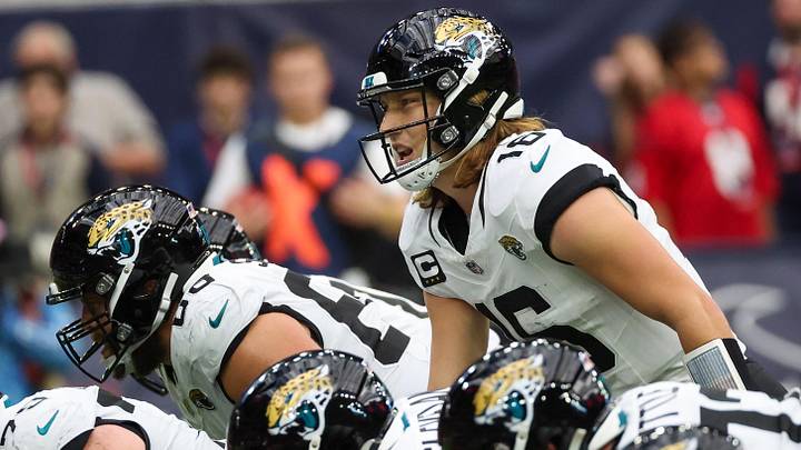 Nov 26, 2023; Houston, Texas, USA;  Jacksonville Jaguars quarterback Trevor Lawrence (16) calls an audible against the Houston Texans at NRG Stadium. Mandatory Credit: Thomas Shea-USA TODAY Sports