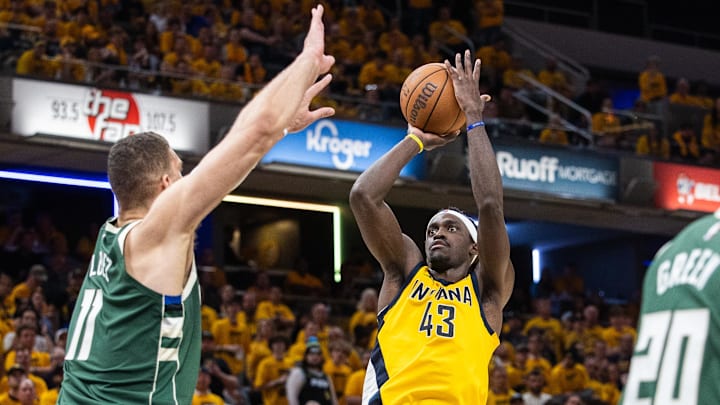 May 2, 2024; Indianapolis, Indiana, USA; Indiana Pacers forward Pascal Siakam (43) shoots the ball