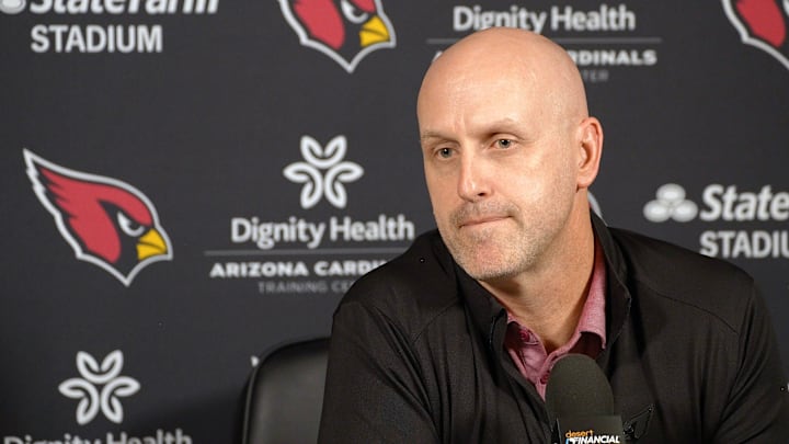 Arizona Cardinals general manager Monti Ossenfort discusses the upcoming NFL Draft during a press conference at Dignity Health Arizona Cardinals Training Center in Tempe on April 16, 2025. Arizona Cardinals general manager Monti Ossenfort discusses the upcoming NFL Draft during a press conference at Dignity Health Arizona Cardinals Training Center in Tempe on April 16, 2025.