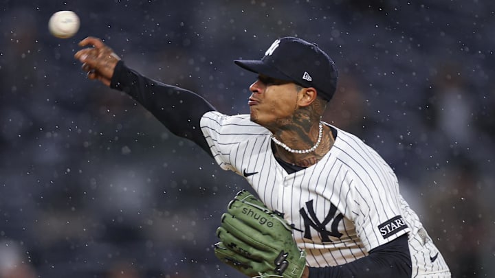 Apr 11, 2025; Bronx, New York, USA; New York Yankees starting pitcher Marcus Stroman (0) delivers a pitch during the first inning against the San Francisco Giants at Yankee Stadium. Mandatory Credit: Vincent Carchietta-Imagn Images