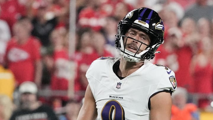 Sep 5, 2024; Kansas City, Missouri, USA; Baltimore Ravens kicker Justin Tucker (9) reacts after missing a field goal against the Kansas City Chiefs during the game at GEHA Field at Arrowhead Stadium. Mandatory Credit: Denny Medley-Imagn Images