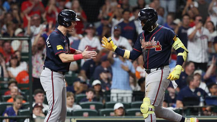 Sep 19, 2026; Houston, Texas, USA;  Atlanta Braves right fielder Ronald Acuna Jr. (13) reacts after hitting a grand slam home run against the Houston Astros in the seventh inning at Daikin Park. Mandatory Credit: Thomas Shea-Imagn Images