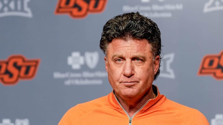 Oklahoma State head football coach Mike Gundy speaks during a press conference at Boone Pickens Stadium in Stillwater Okla., on Thursday, Jan. 23, 2025.