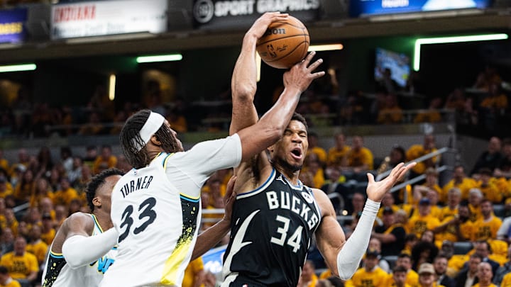 Apr 29, 2025; Indianapolis, Indiana, USA; Milwaukee Bucks forward Giannis Antetokounmpo (34) shoots the ball while Indiana Pacers center Myles Turner (33) defends during game five of the first round for the 2024 NBA Playoffs at Gainbridge Fieldhouse. Mandatory Credit: Trevor Ruszkowski-Imagn Images Apr 29, 2025; Indianapolis, Indiana, USA; Milwaukee Bucks forward Giannis Antetokounmpo (34) shoots the ball while Indiana Pacers center Myles Turner (33) defends during game five of the first round for the 2024 NBA Playoffs at Gainbridge Fieldhouse. Mandatory Credit: Trevor Ruszkowski-Imagn Images