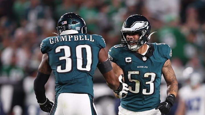 Sep 4, 2025; Philadelphia, Pennsylvania, USA; Philadelphia Eagles linebacker Zack Baun (53) reacts with linebacker Jihaad Campbell (30) in a game against the Dallas Cowboys at Lincoln Financial Field. Mandatory Credit: Bill Streicher-Imagn Images Sep 4, 2025; Philadelphia, Pennsylvania, USA; Philadelphia Eagles linebacker Zack Baun (53) reacts with linebacker Jihaad Campbell (30) in a game against the Dallas Cowboys at Lincoln Financial Field. Mandatory Credit: Bill Streicher-Imagn Images