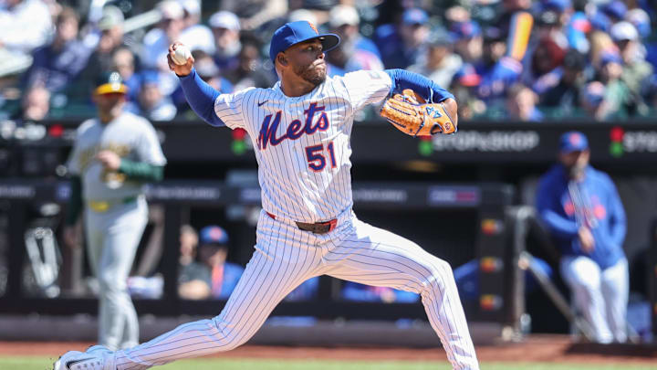 Apr 12, 2026; New York City, New York, USA;  New York Mets starting pitcher Freddy Peralta (51) pitches in the first inning against the Athletics at Citi Field. Mandatory Credit: Wendell Cruz-Imagn Images
