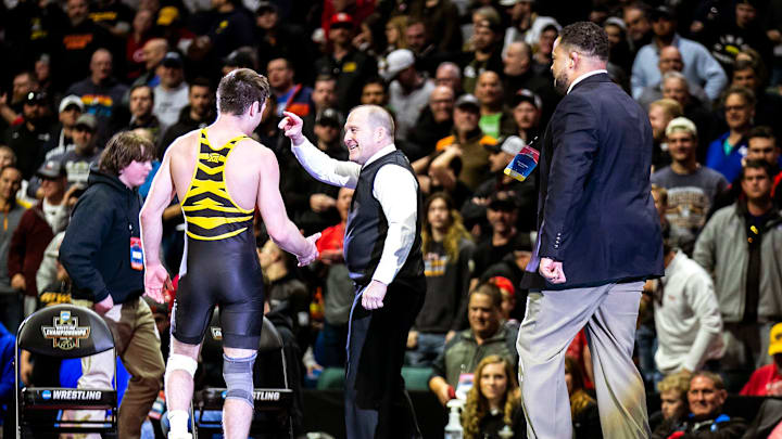 Missouri's Keegan O'Toole celebrates after his match against Iowa State's David Carr at 165 pounds in the finals during the sixth session of the NCAA Division I Wrestling Championships, Saturday, March 18, 2023, at BOK Center in Tulsa, Okla.

230318 Ncaa Final Wr 078 Jpg