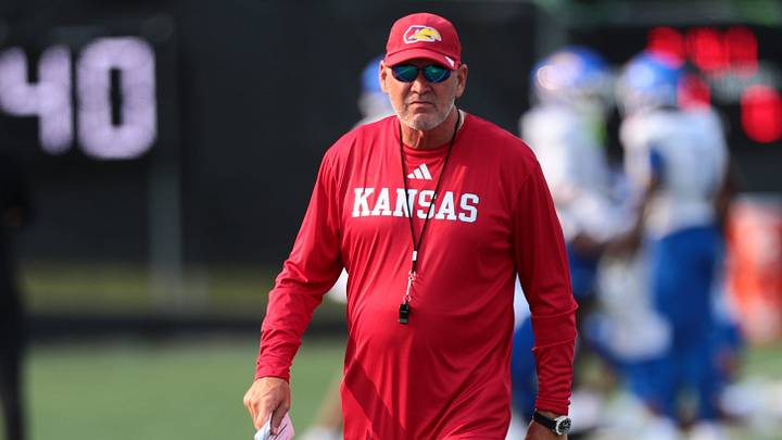Kansas head coach Lance Leipold looks on during fall camp practice on Aug. 4, 2026.