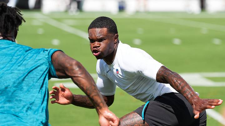 Jacksonville Jaguars wide receiver Travis Hunter (12) runs drills before an NFL football game at EverBank Stadium, Sunday, September 13, 2026, in Jacksonville, Fla. [Doug Engle/Florida Times-Union]
