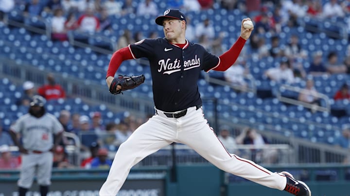 May 21, 2024; Washington, District of Columbia, USA; Washington Nationals pitcher Patrick Corbin (46) pitches against the Minnesota Twins during the second inning at Nationals Park. Mandatory Credit: Geoff Burke-USA TODAY Sports