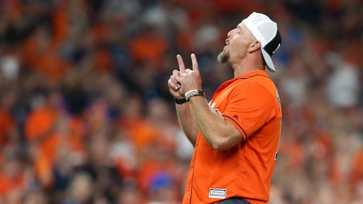 Houston, TX, USA; Former Astros closer Billy Wagner reacts to throwing out the first pitch prior to Game 2 of the 2019 ALDS between the Tampa Bay Rays and the Houston Astros at Minute Maid Park.
