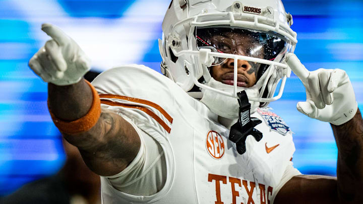 Texas Longhorns wide receiver Matthew Golden (2) celebrates catching a long pass for a first down near the end zone in the fourth quarter as the Texas Longhorns play the Arizona State Sun Devils in the Peach Bowl College Football Playoff quarterfinal at Mercedes-Benz Stadium in Atlanta, Georgia, Jan. 1, 2025.