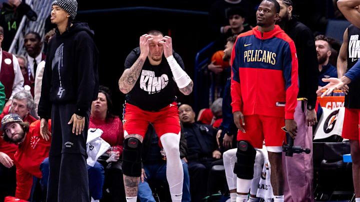 Jan 20, 2025; New Orleans, Louisiana, USA; New Orleans Pelicans center Daniel Theis (10) reacts to a play against the Utah Jazz during the second half at Smoothie King Center. Mandatory Credit: Stephen Lew-Imagn Images Jan 20, 2025; New Orleans, Louisiana, USA; New Orleans Pelicans center Daniel Theis (10) reacts to a play against the Utah Jazz during the second half at Smoothie King Center. Mandatory Credit: Stephen Lew-Imagn Images