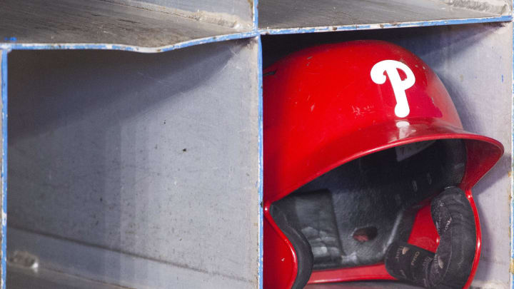 Aug 25, 2018; Toronto, Ontario, CAN; A Philadelphia Phillies batting helmet sits in the dugout