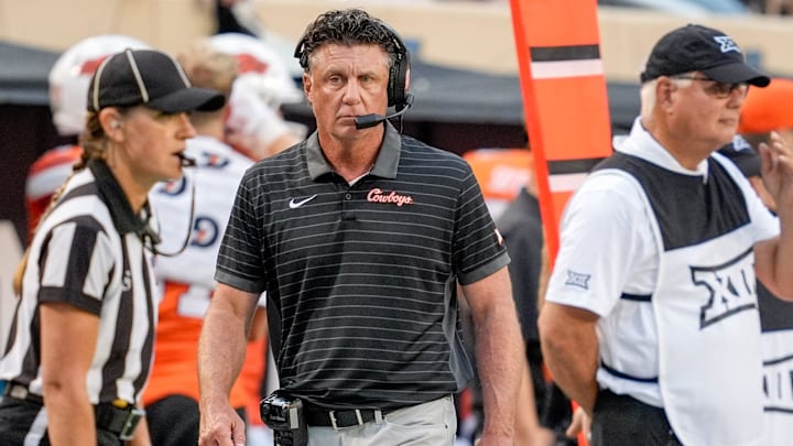 Oklahoma State head coach Mike Gundy walks the sidelines in the second quarter during an NCAA football game between Oklahoma State (OSU) and UT Martin in Stillwater, Okla., on Thursday, Aug. 28, 2025.