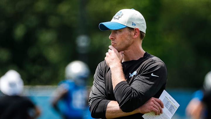 Detroit Lions offensive coordinator Ben Johnson watches practice during mini camp at Detroit Lions headquarters and practice facility in Allen Park on Tuesday, June 4, 2024.