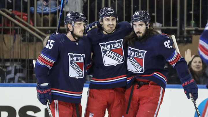 Dec 15, 2023; New York, New York, USA; New York Rangers left wing Chris Kreider (20) is greeted by