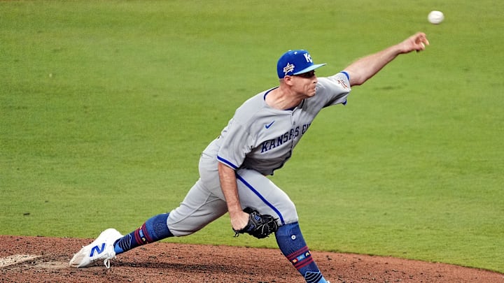 Jul 15, 2025; Cumberland, Georgia, USA; American League pitcher Kris Bubic (50) of the Kansas City Royals pitches during the sixth inning during the 2025 MLB All Star Game at Truist Park. Mandatory Credit: Dale Zanine-Imagn Images Jul 15, 2025; Cumberland, Georgia, USA; American League pitcher Kris Bubic (50) of the Kansas City Royals pitches during the sixth inning during the 2025 MLB All Star Game at Truist Park. Mandatory Credit: Dale Zanine-Imagn Images
